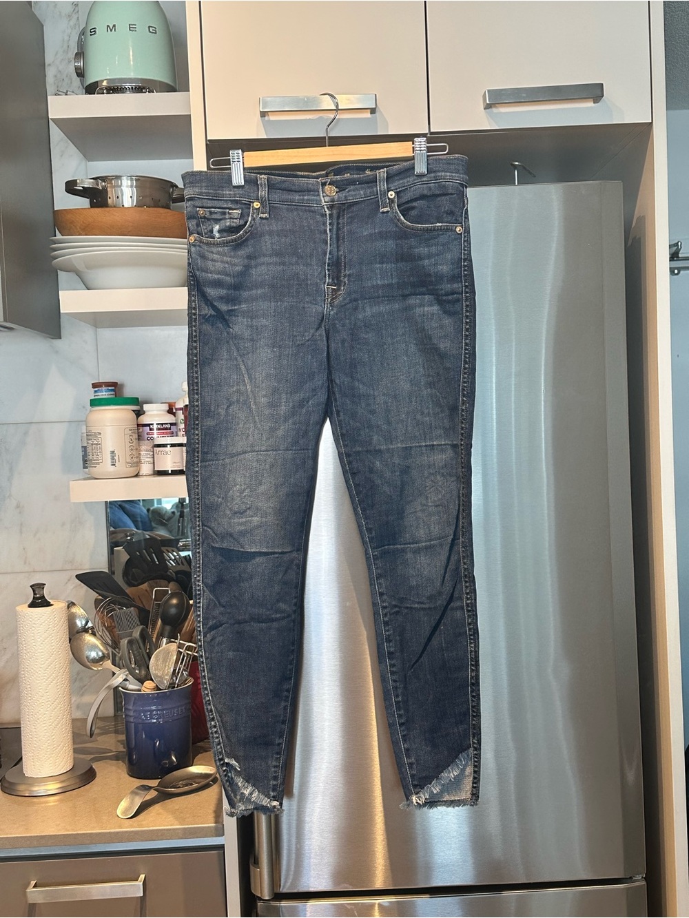 7 For All Mankind Dark Blue Skinny Jeans with Raw Hem